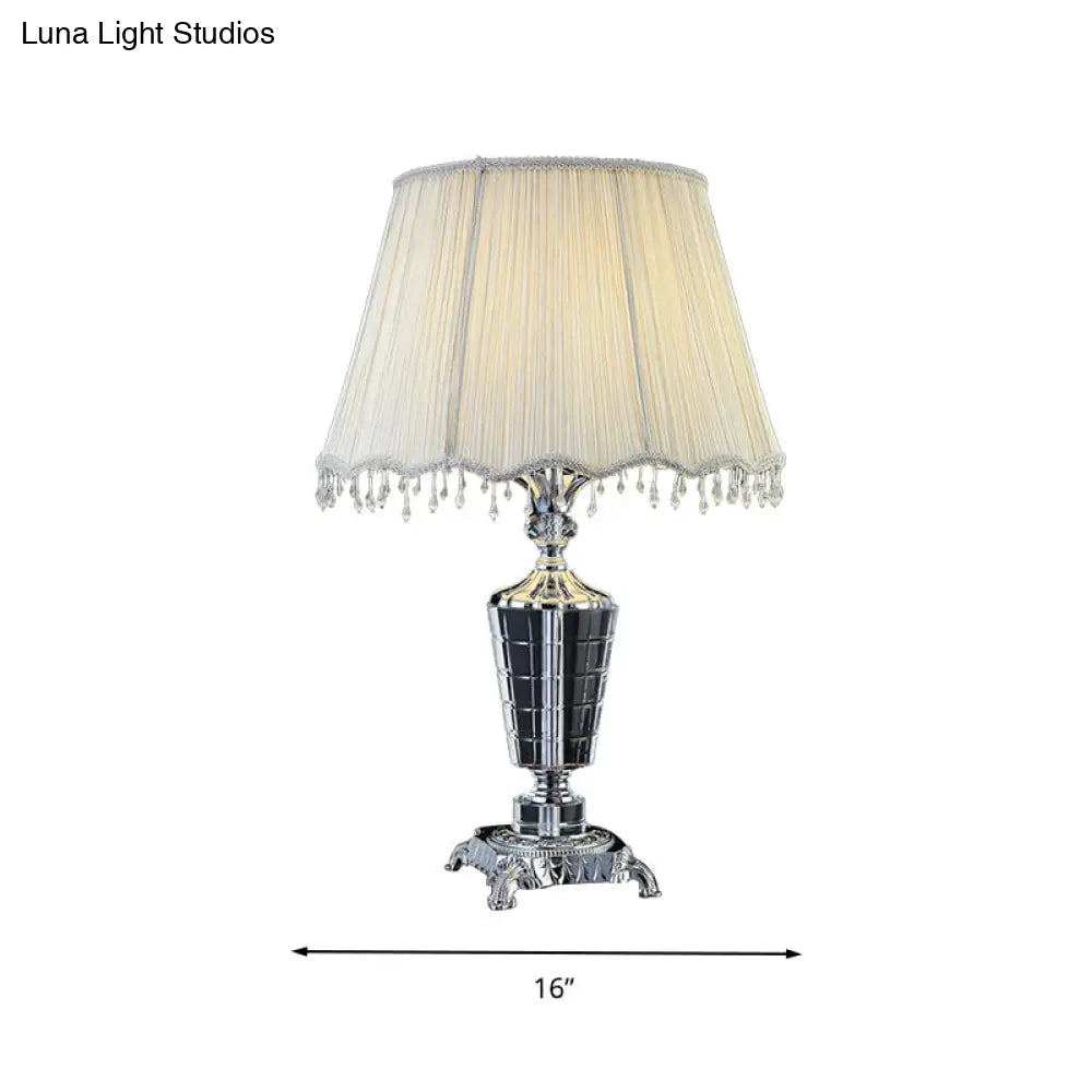 Fabric Night Table Lamp With Crystal Draping - Traditional White Empire Shade