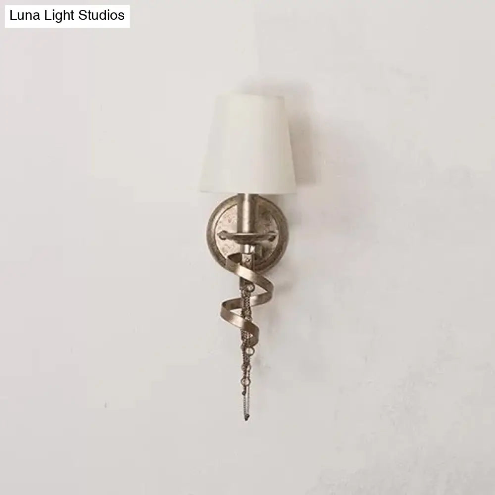 Farmhouse Barrel Fabric Wall Sconce With Crystal Chain Deco And Spiral Design - White