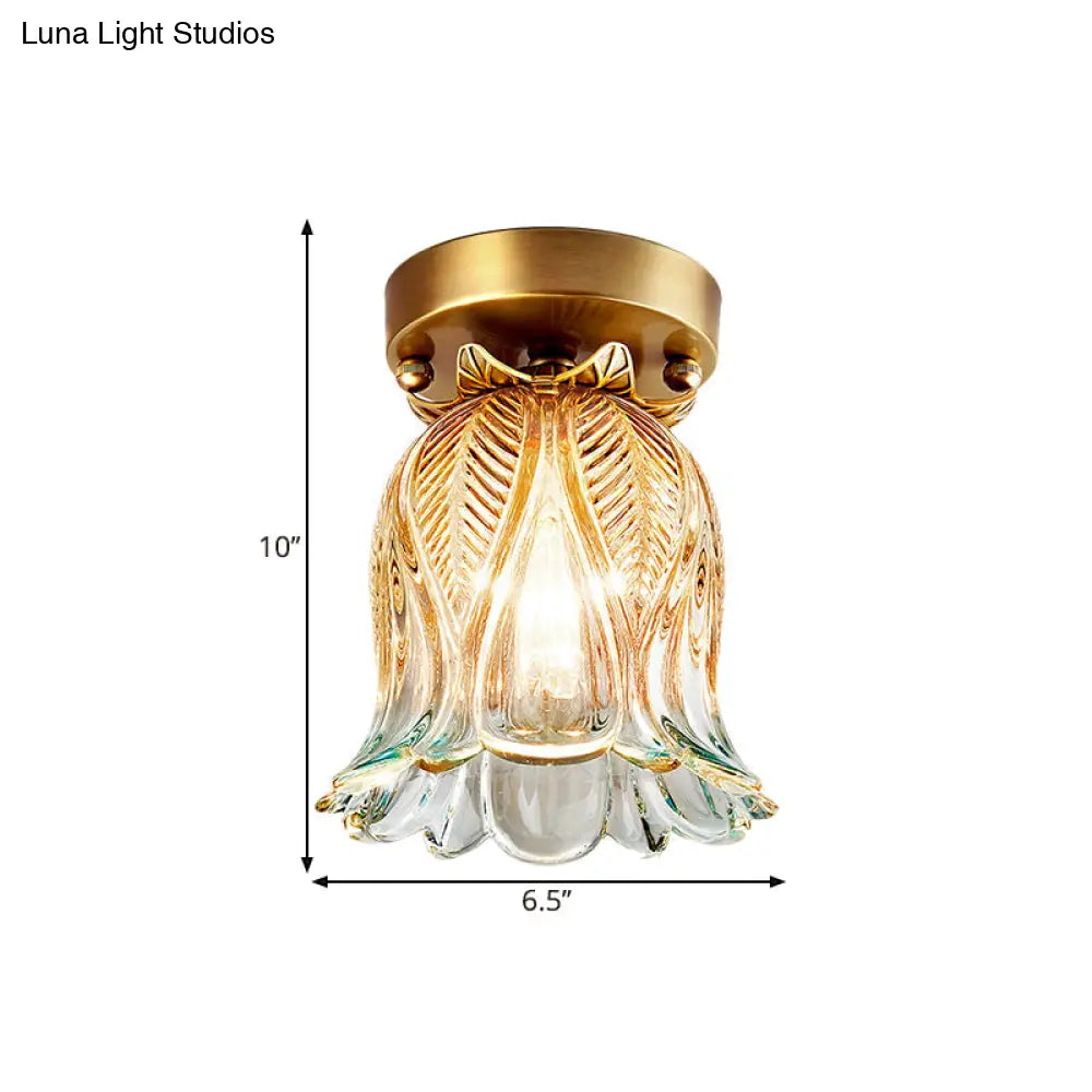 Farmhouse Flower Lattice Brass Flush Mount Ceiling Lamp With Clear Glass