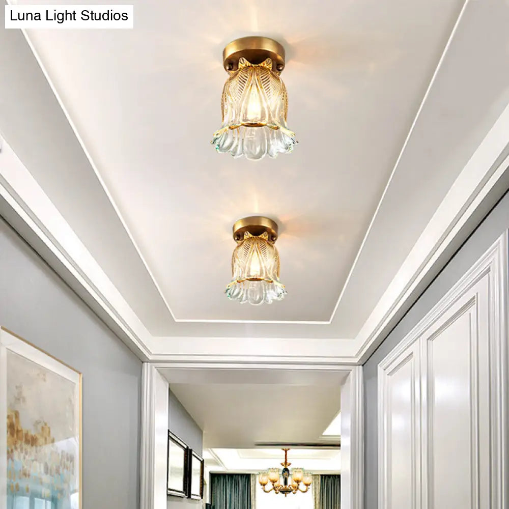 Farmhouse Flower Lattice Brass Flush Mount Ceiling Lamp With Clear Glass