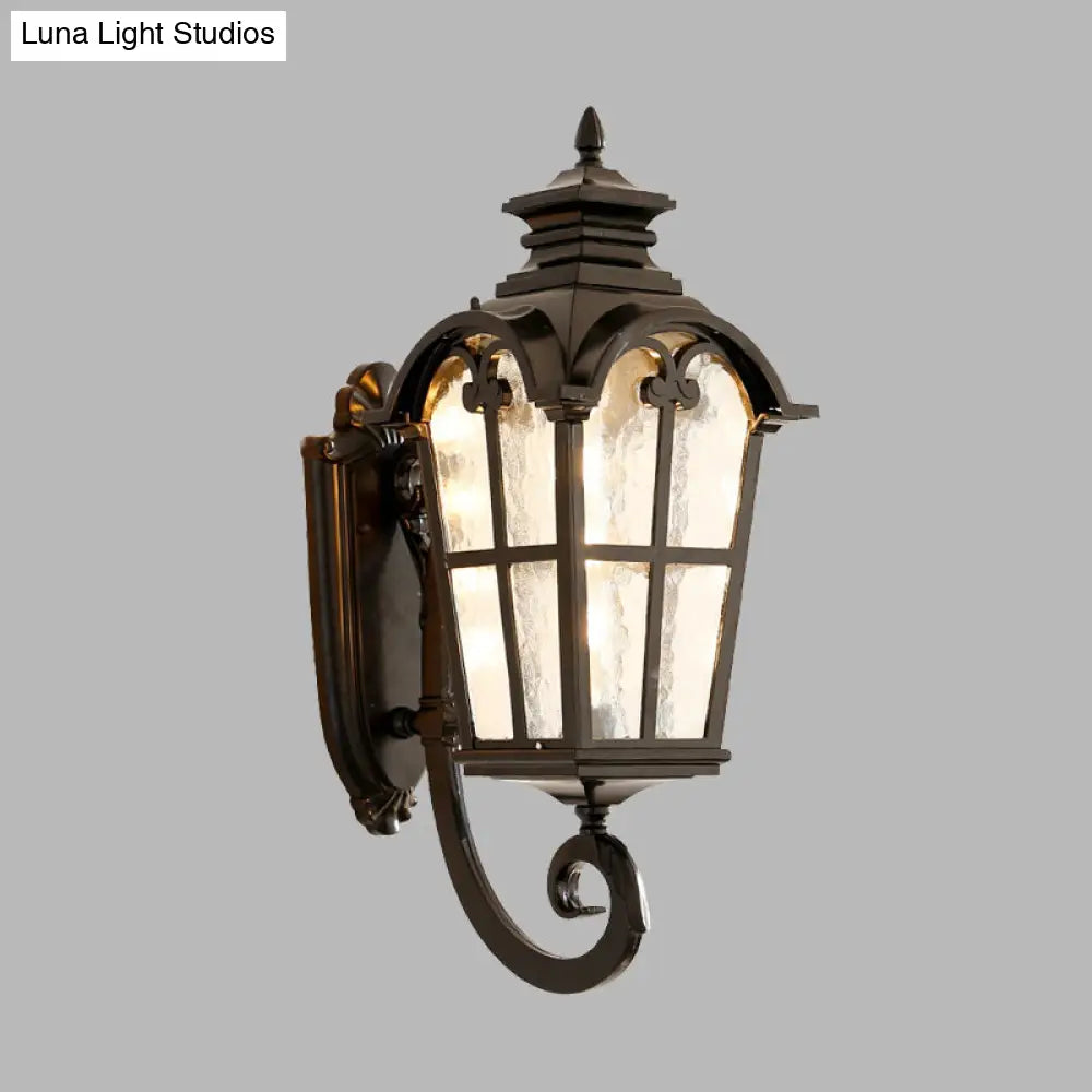 Farmhouse Lantern Sconce Lamp With Water Glass Shade: Black/Brass Wall Light Fixture