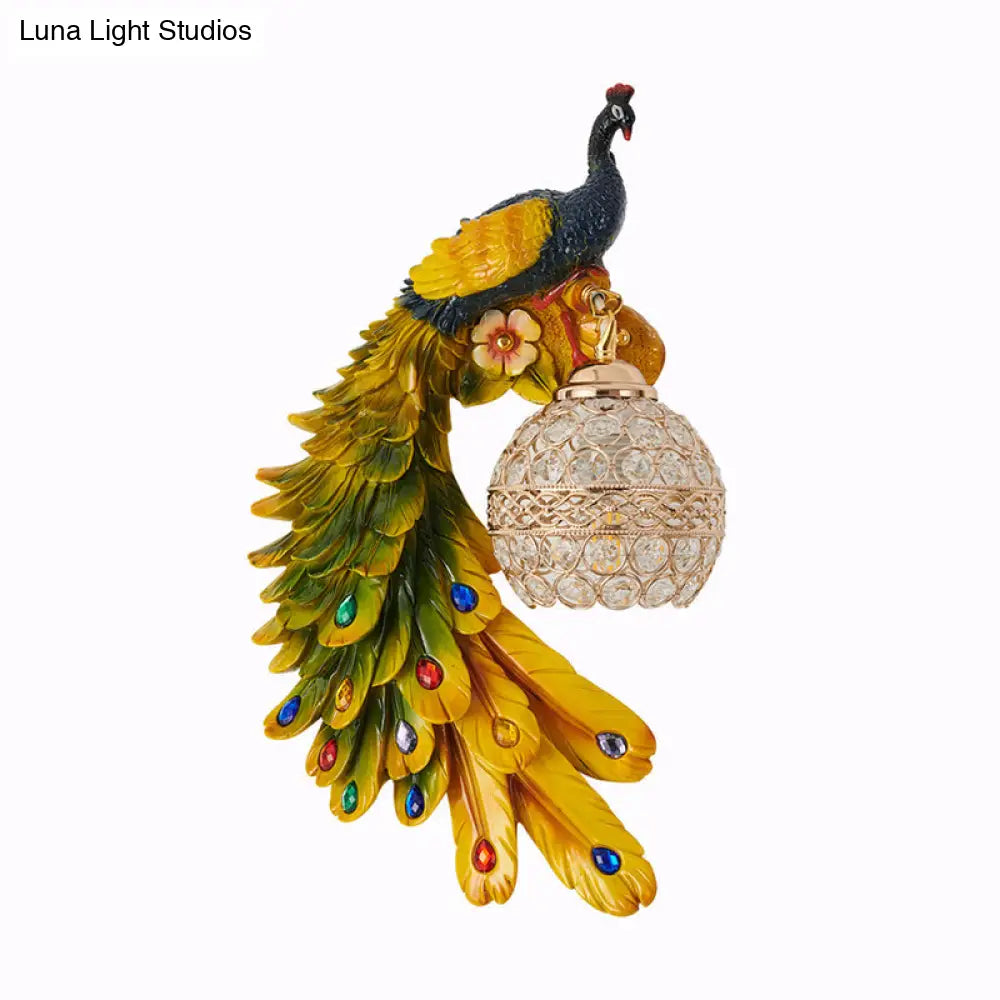 Farmhouse Resin Peacock Wall Sconce With Crystal Hemisphere Shade & 1 Bulb
