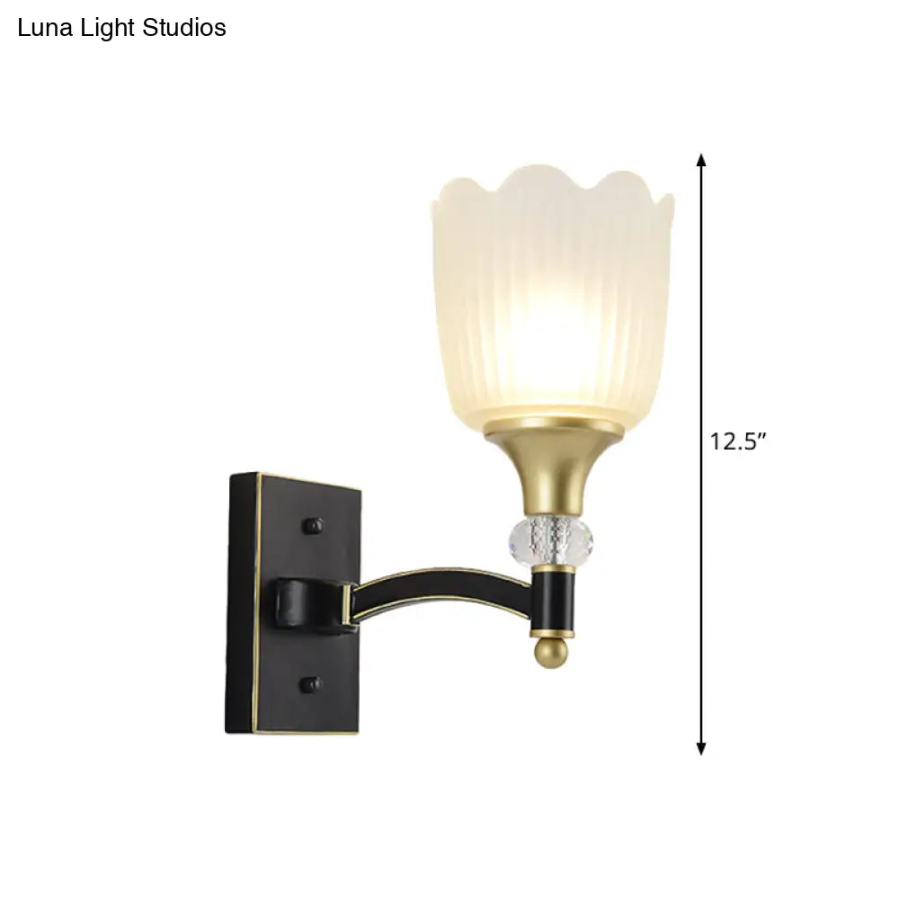 Farmhouse Scalloped Floral Wall Sconce With Opal Glass Shades - Black And Gold Finish