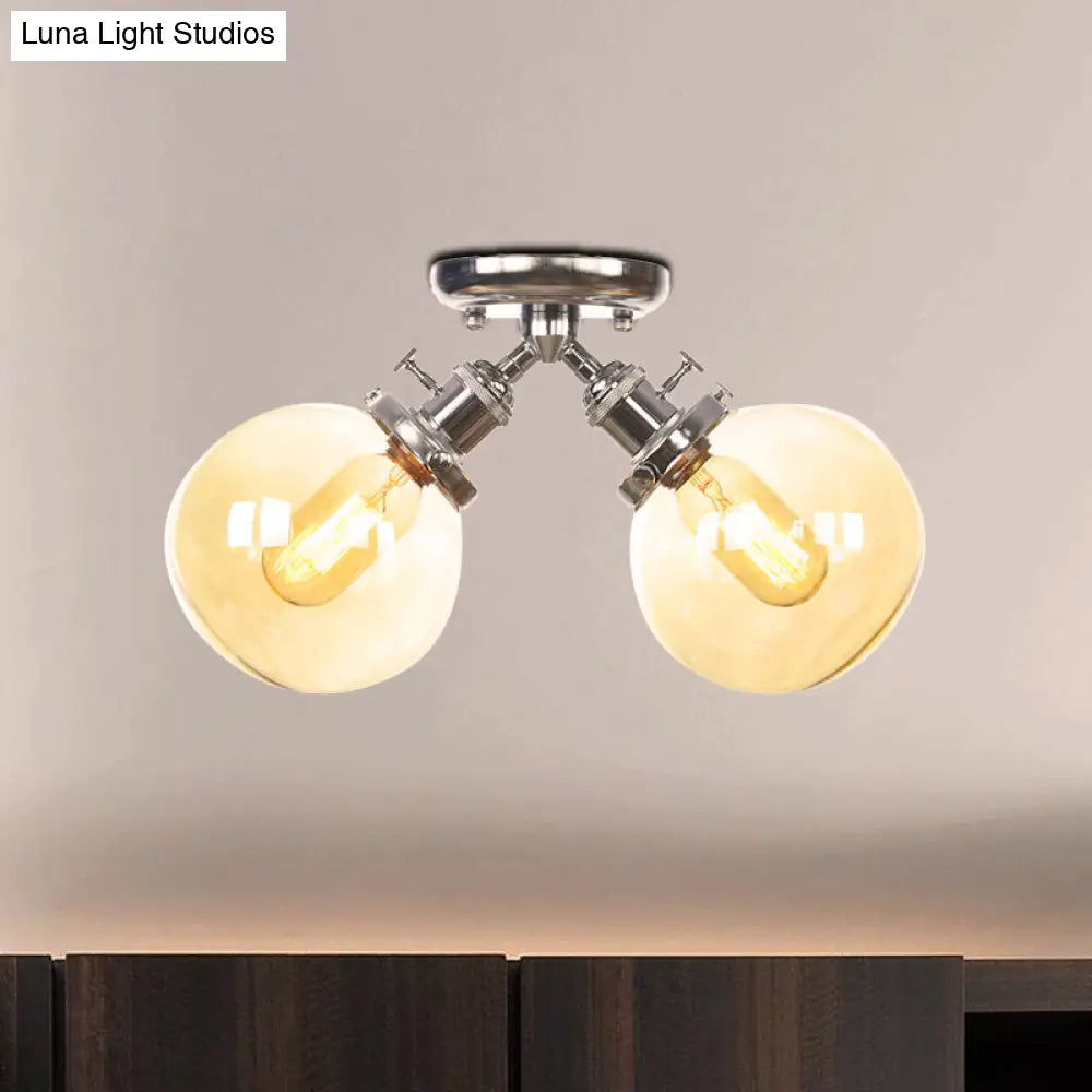 Farmhouse Style Semi Flush Ceiling Lamp - Metal And Glass With Dual Heads In Black/Bronze