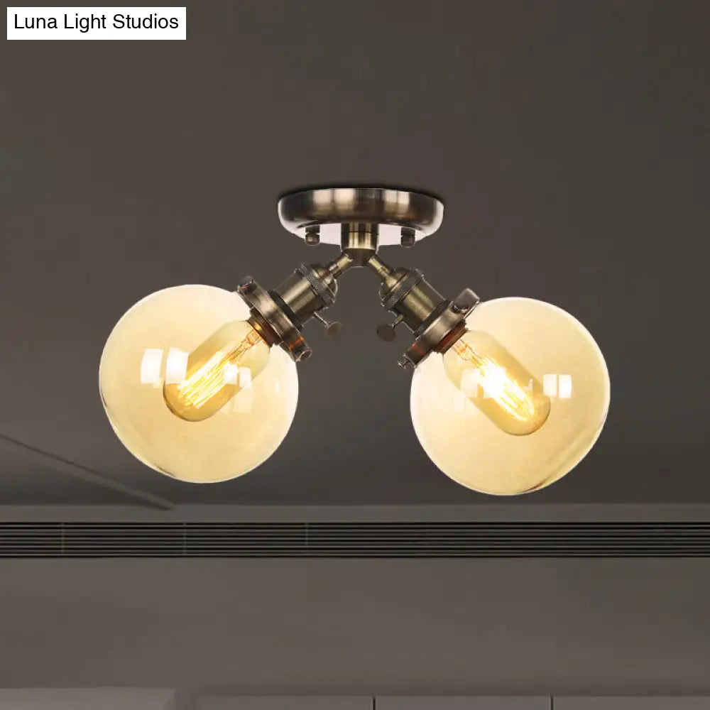 Farmhouse Style Semi Flush Ceiling Lamp - Metal And Glass With Dual Heads In Black/Bronze