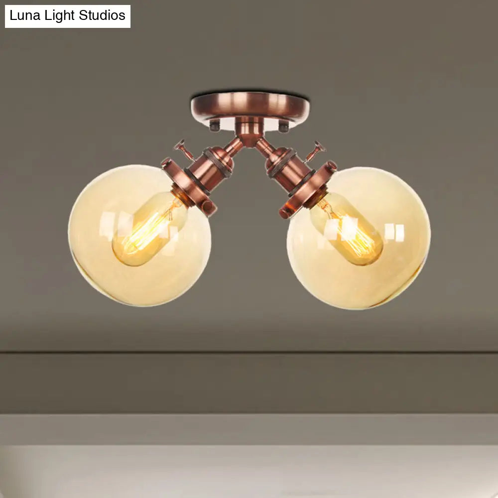 Farmhouse Style Semi Flush Ceiling Lamp - Metal And Glass With Dual Heads In Black/Bronze