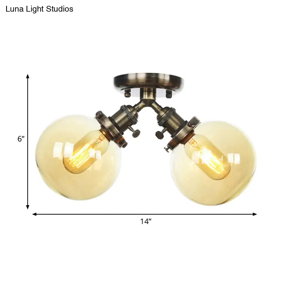Farmhouse Style Semi Flush Ceiling Lamp - Metal And Glass With Dual Heads In Black/Bronze