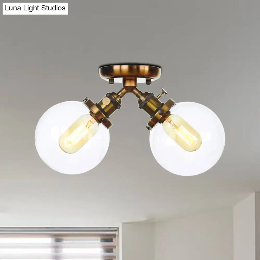 Farmhouse Style Semi Flush Ceiling Lamp - Metal And Glass With Dual Heads In Black/Bronze