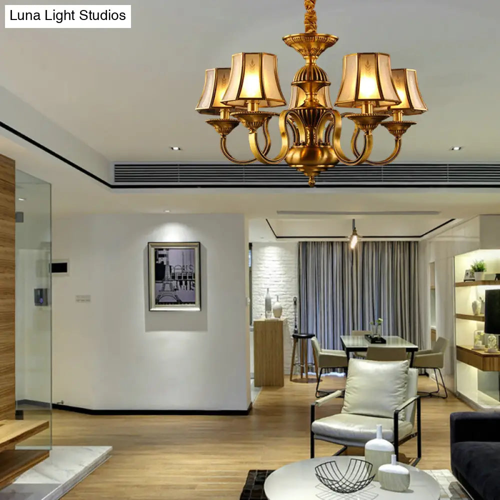 Flared Chandelier Lighting - 3/5/6 Lights Colonial Gold Finish Frosted Glass Hanging Ceiling Lamp