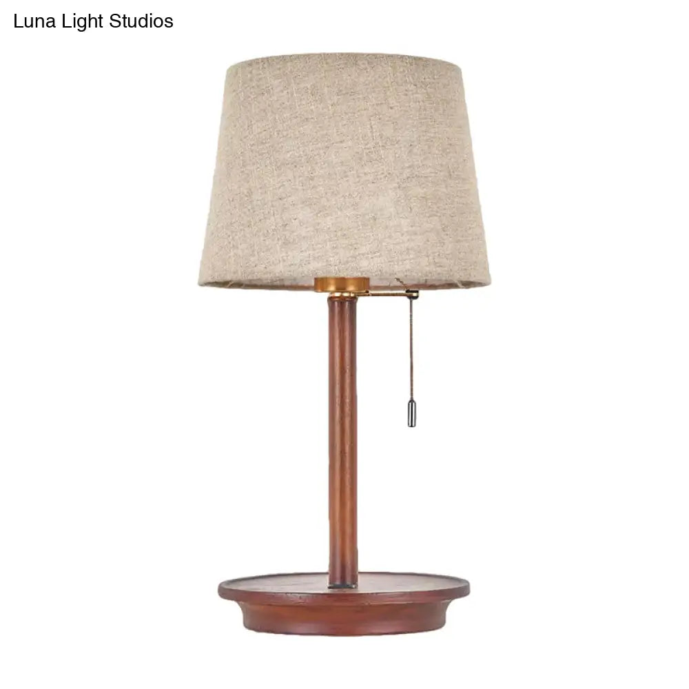 Flaxen Fabric Table Lamp With Usb Charging Port - 1-Light Bucket Pull Chain Night Light