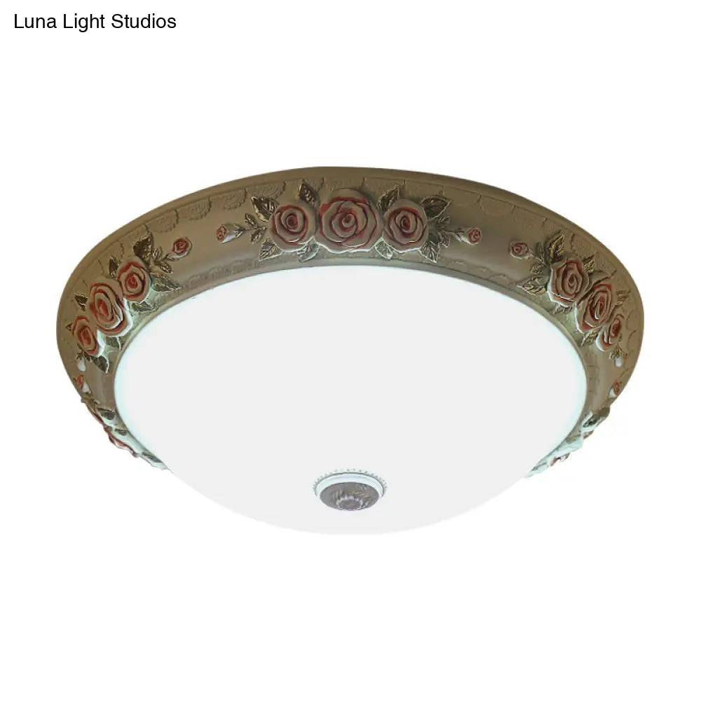 Floral Accent Led Vintage Flush-Mount Ceiling Light Fixture - White Glass 12’/16’/19.5’ Wide