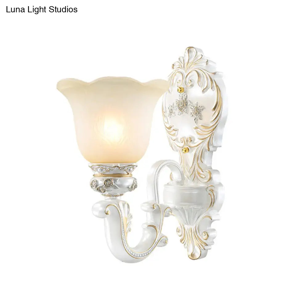 Floral Cream Glass Wall Sconce - White Cottage Light Single/Double Head Elegant Swooping Arm