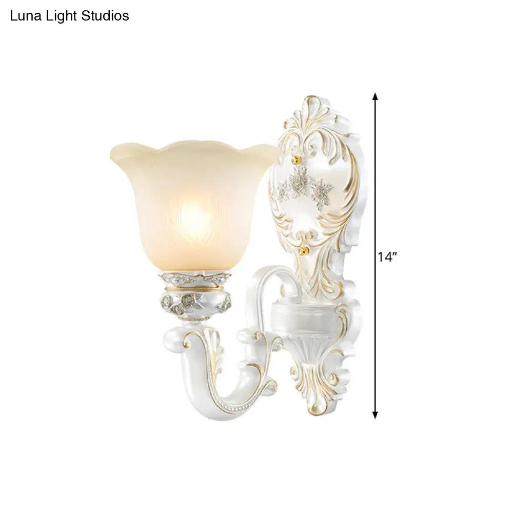 Floral Cream Glass Wall Sconce - White Cottage Light Single/Double Head Elegant Swooping Arm
