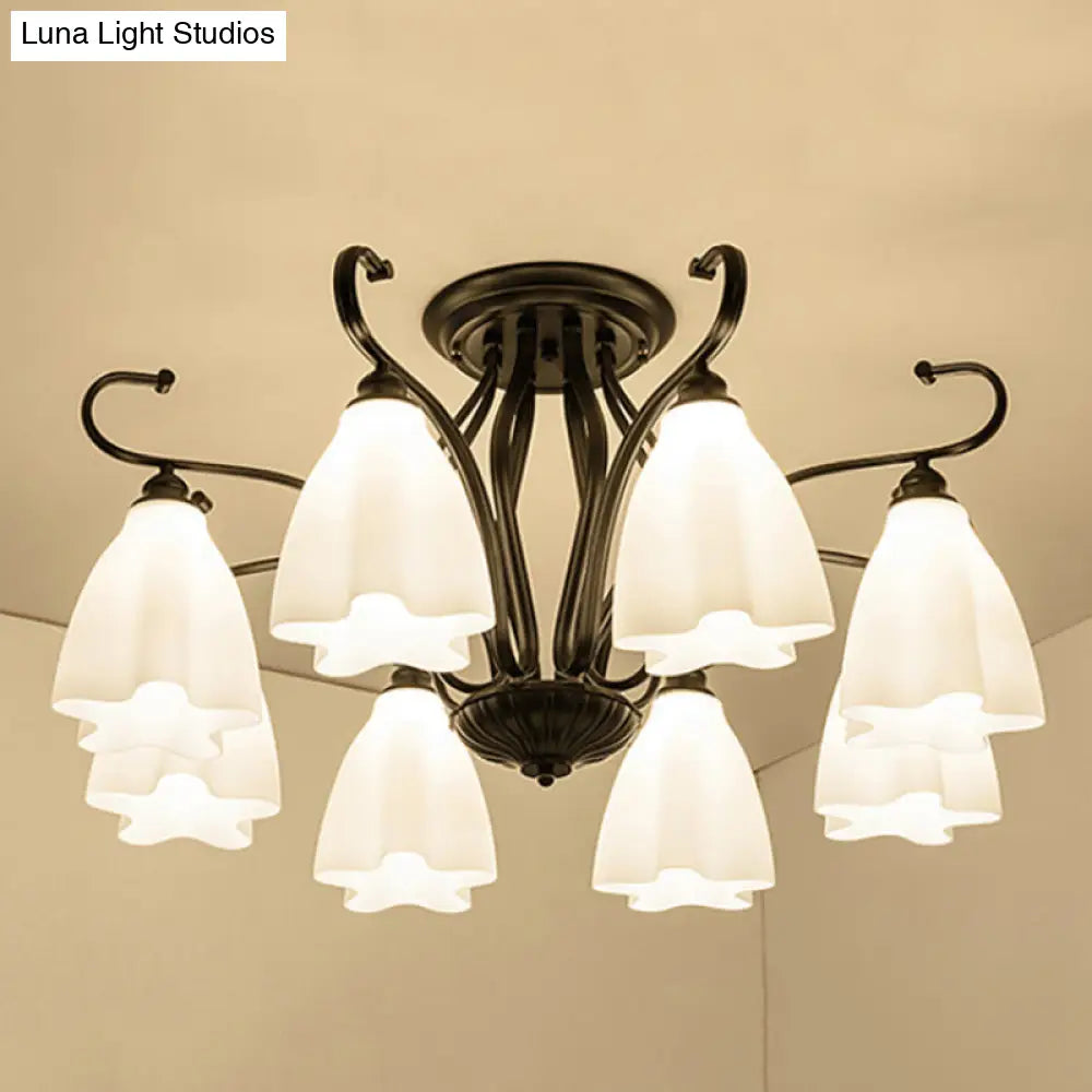 Flower-Shaped White Glass Ceiling Light Fixture With 3/6/8 Lights For Classic Living Room