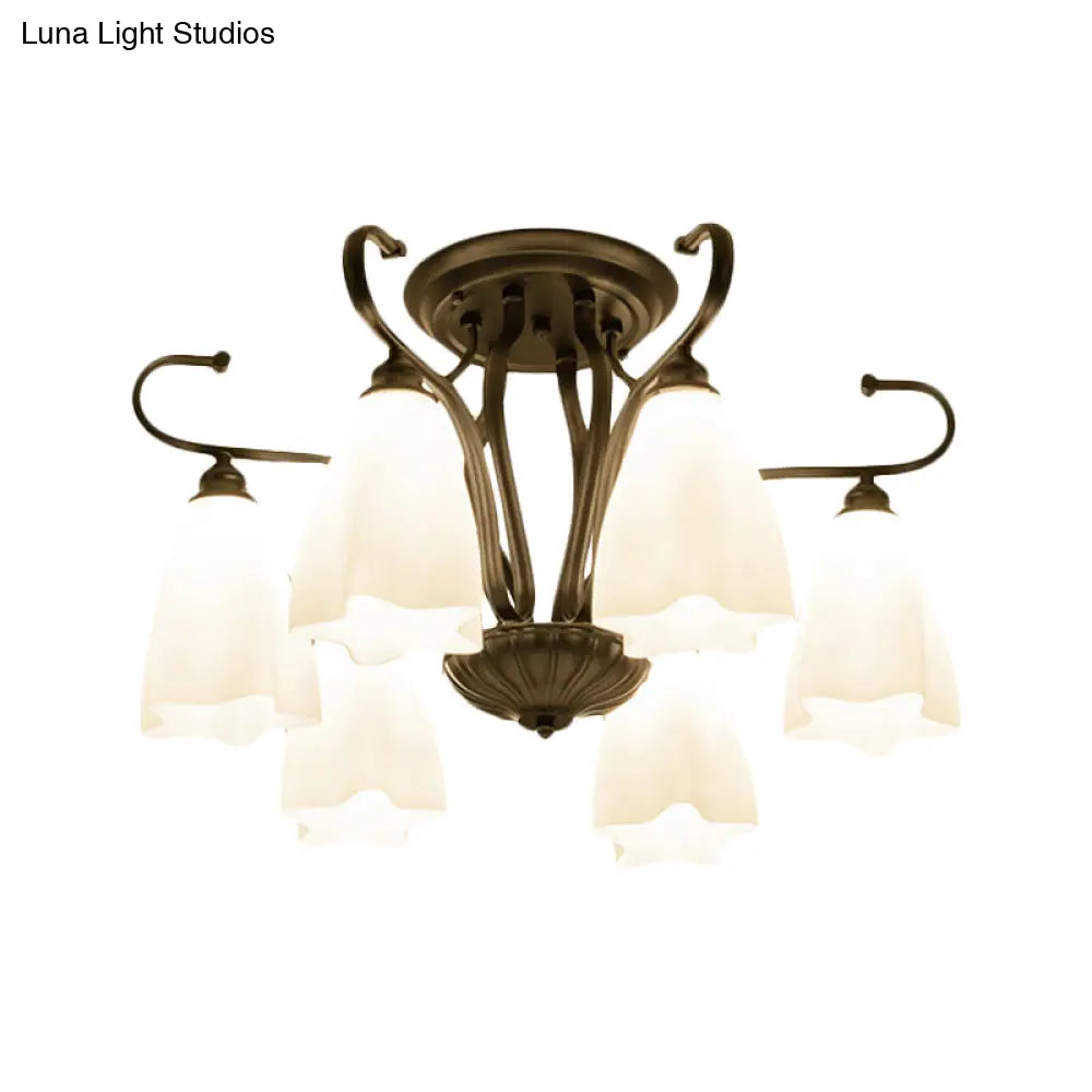 Flower-Shaped White Glass Ceiling Light Fixture With 3/6/8 Lights For Classic Living Room