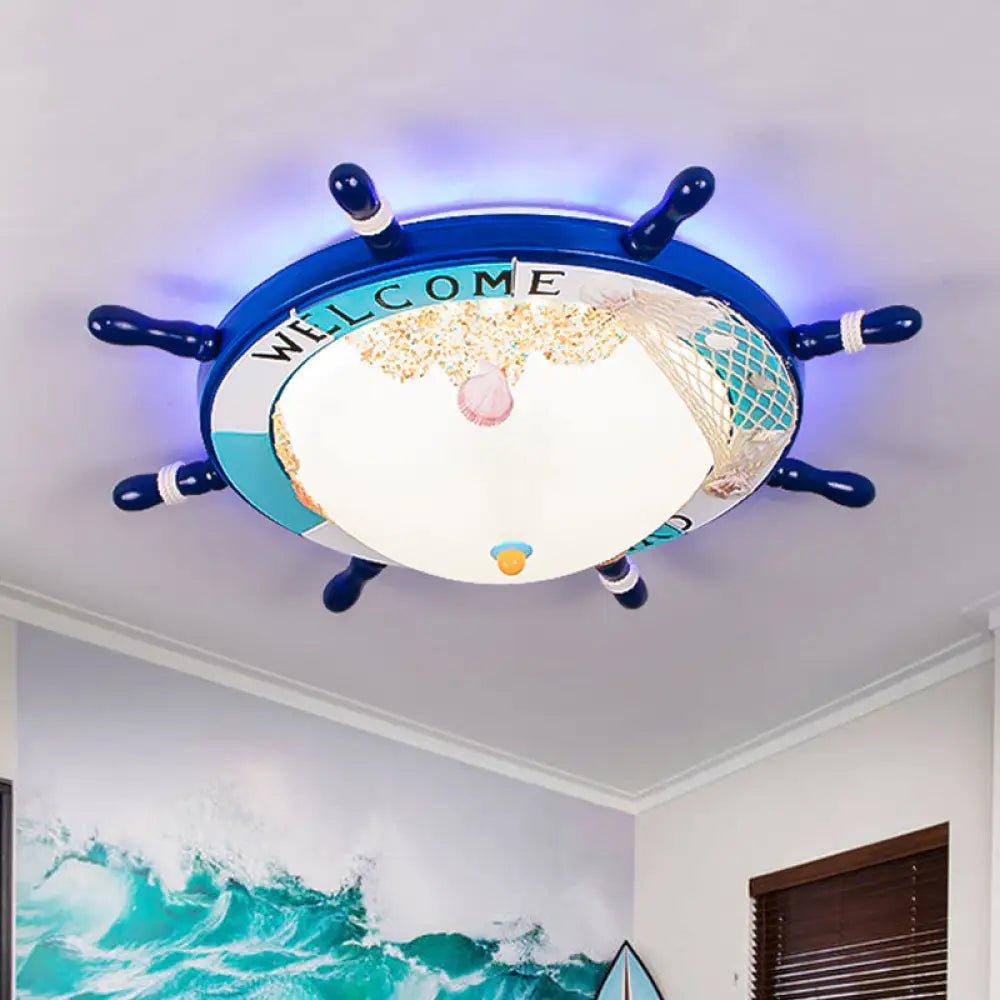 Flush Mount Wood Ship Rudder Led Ceiling Light In Mediterranean Blue/Light - Blue With Matte Glass
