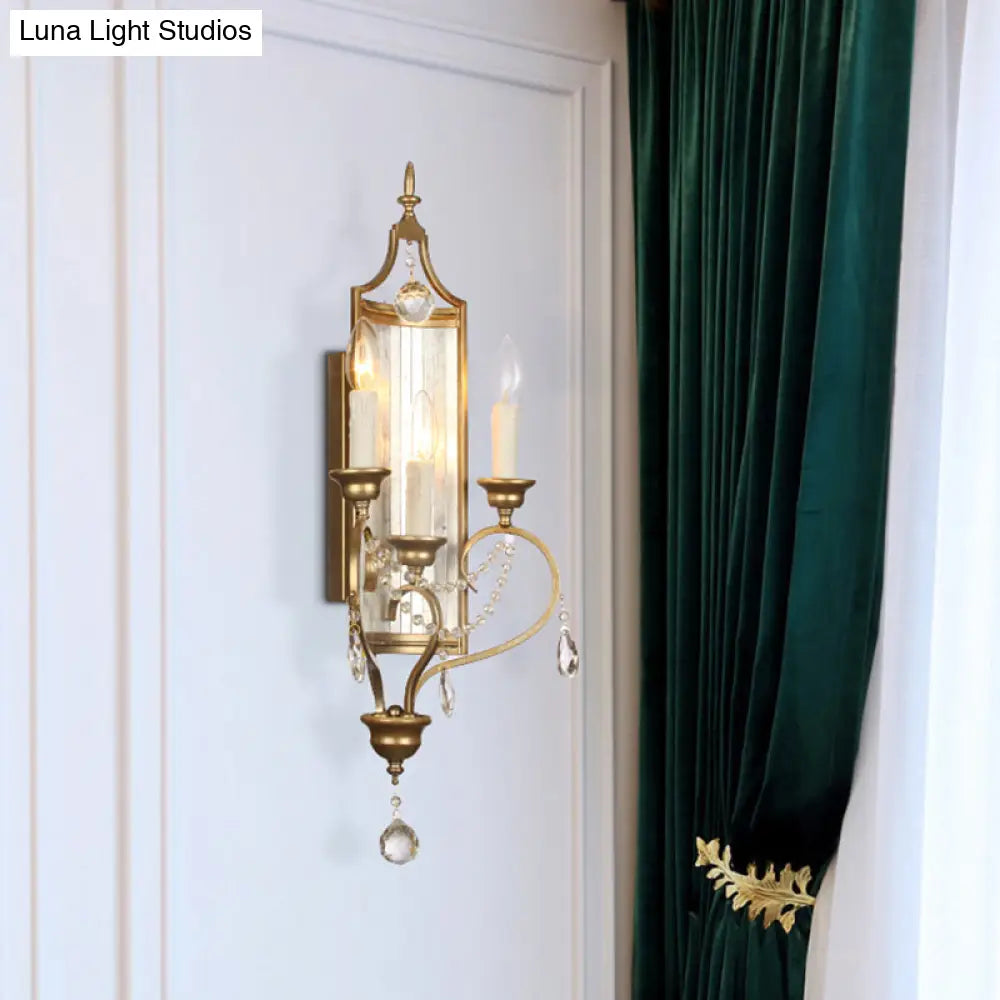 French Country Candle Sconce Lamp 3-Light Metallic Wall In Gold With Crystal Decoration