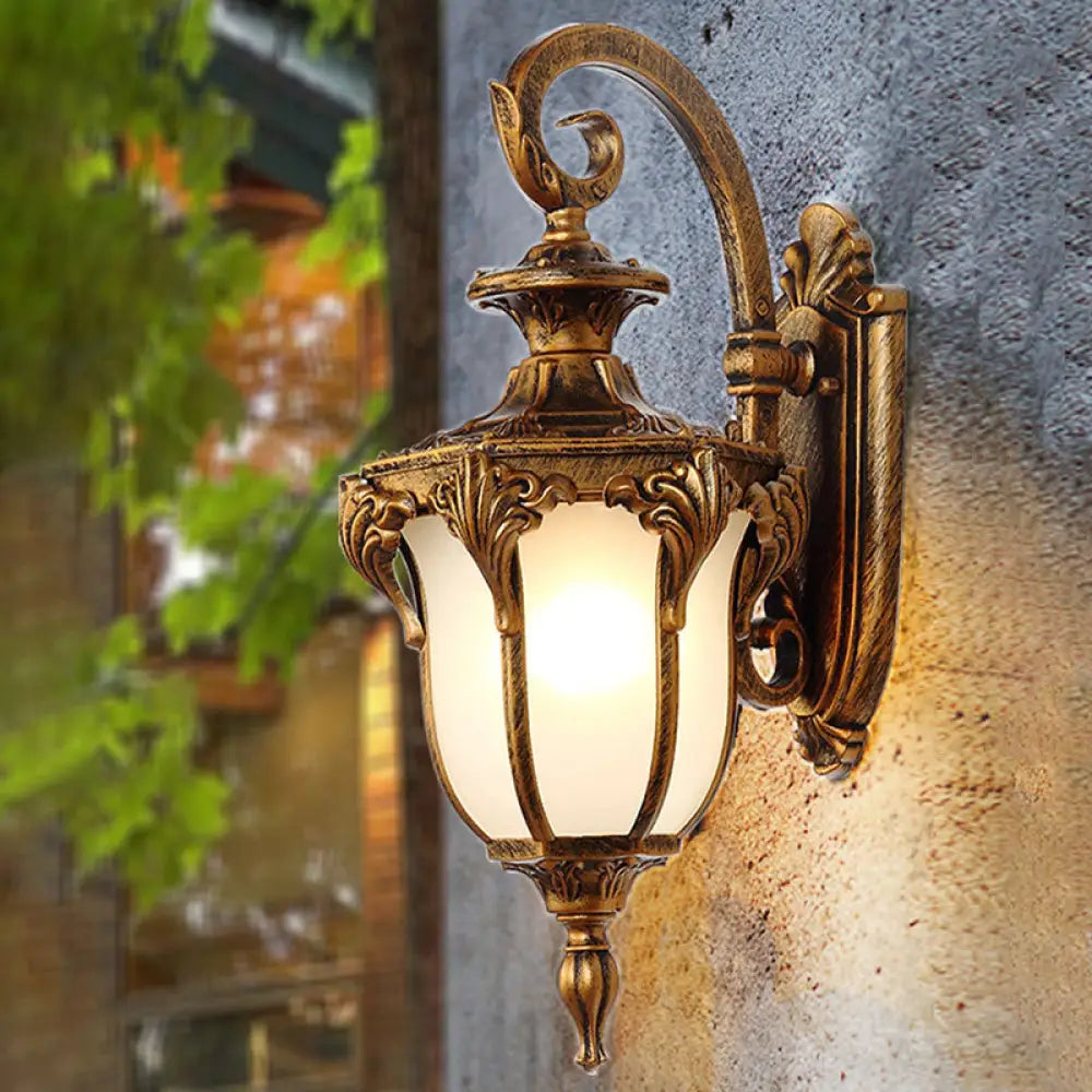Frost Glass Wall Mount Outdoor Light With Vintage Bell Shade - 1-Light Fixture Bronze / Small