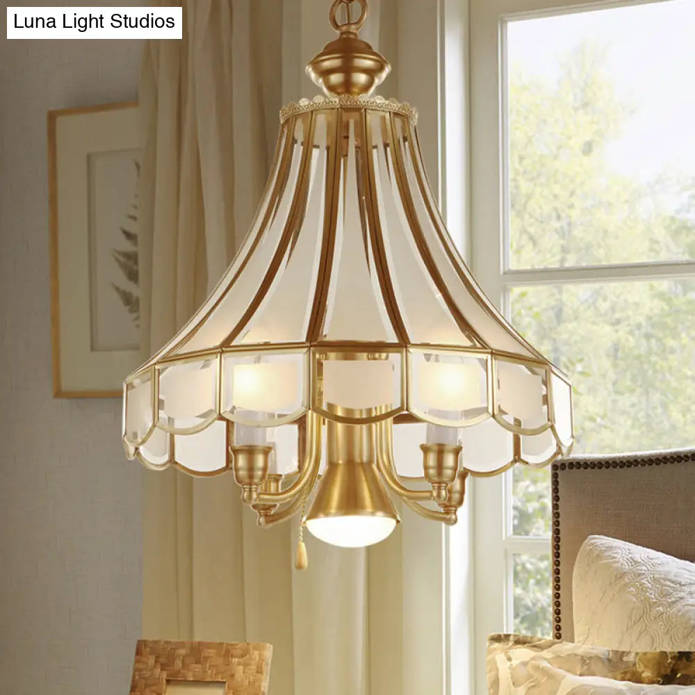 Frosted Glass Bell Chandelier - Traditional 5-Light Brass Finish Suspension Lamp