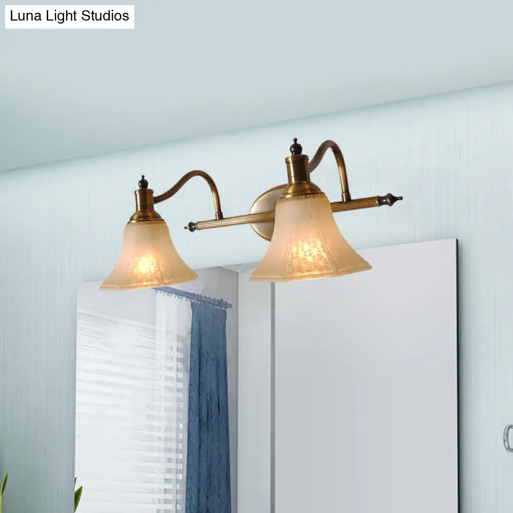 Frosted Glass Bell Vanity Light With Metal Swooping Arm - Antique Gold 2/3 Bulbs Bathroom Sconce