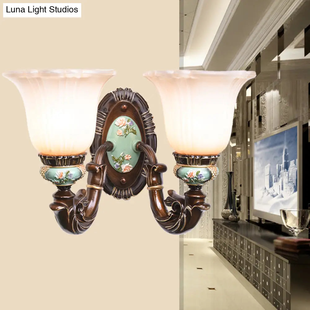 Frosted Glass Brown Wall Light - Rustic Bell Design Rural Sconce For Guest Room