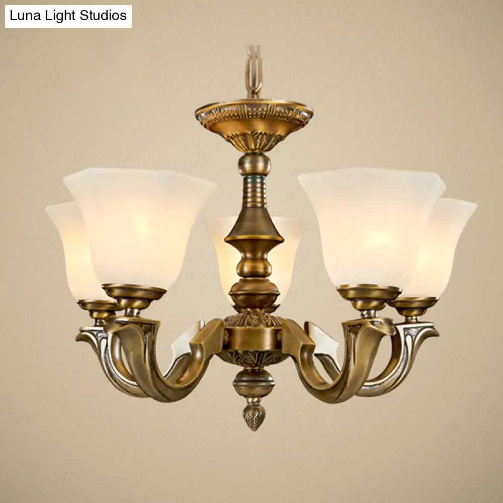 Frosted Glass Chandelier: Paneled Bell Pendant Light In Traditional Gold Design For Dining Rooms