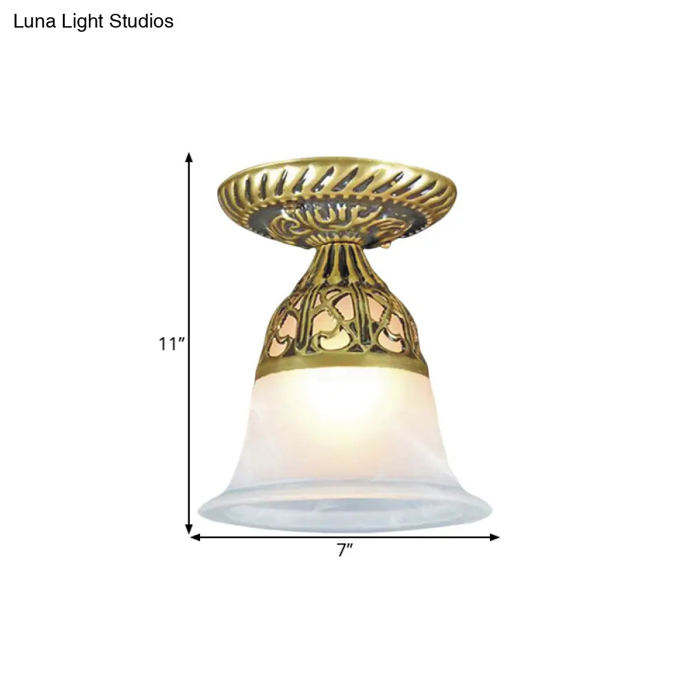 Frosted Glass Farmhouse Flush Mount Lamp - Bell Shape 1 - Head Brass Ceiling Light Fixture For