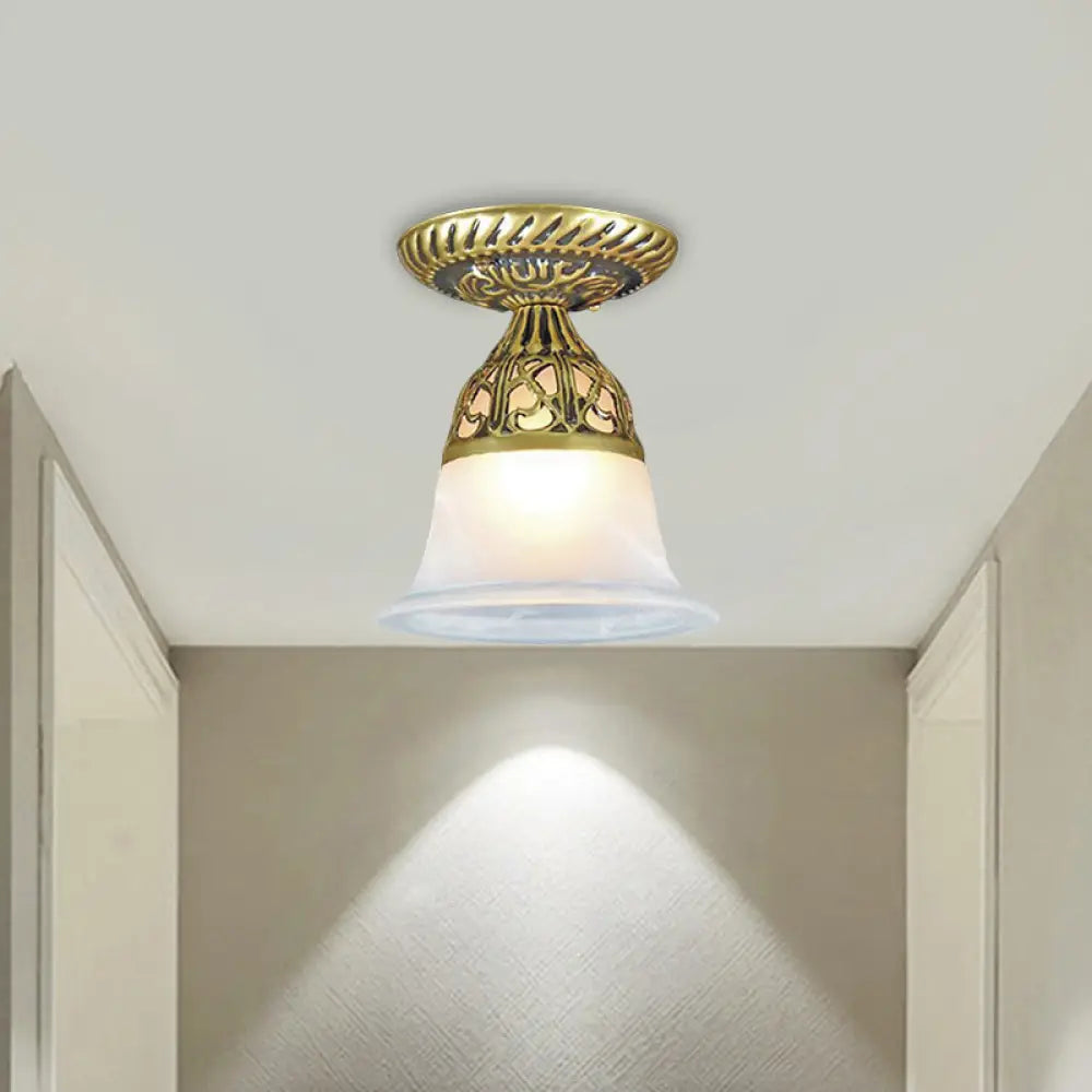 Frosted Glass Farmhouse Flush Mount Lamp - Bell Shape 1 - Head Brass Ceiling Light Fixture For