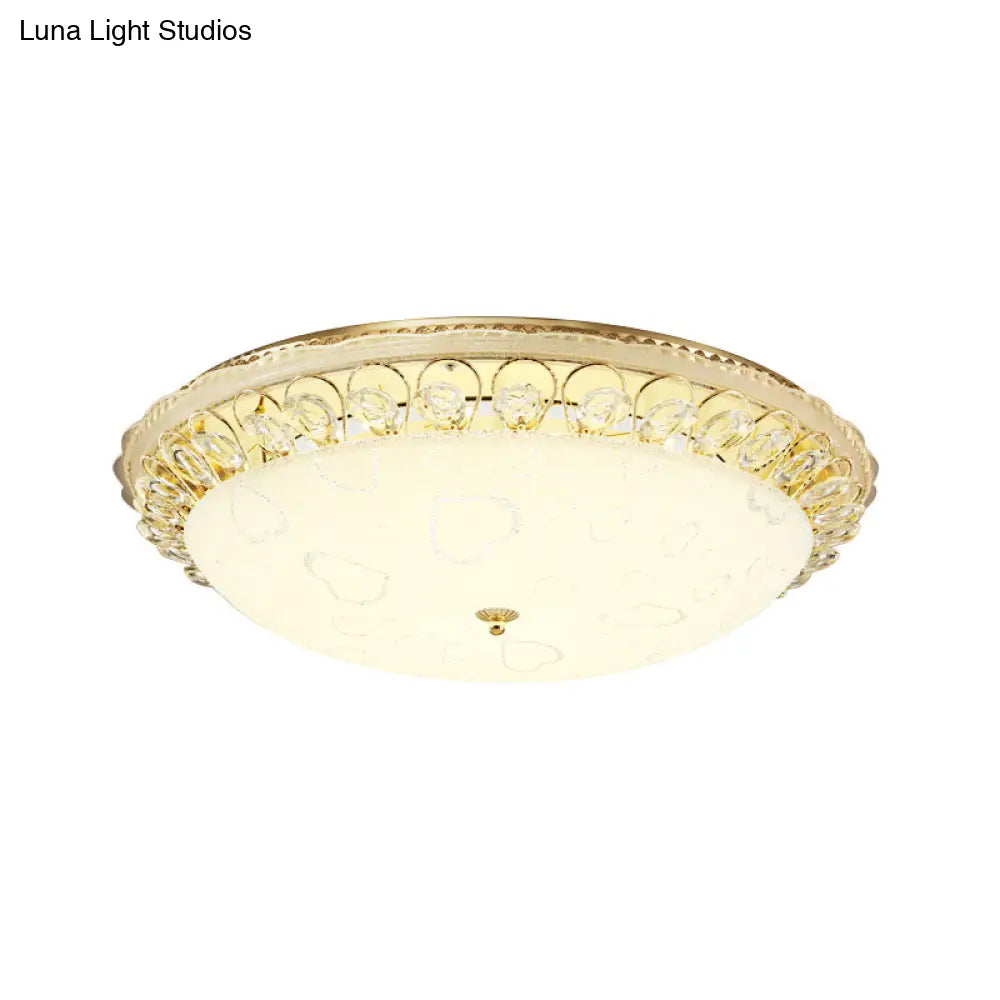 Frosted Glass Gold Ceiling Lamp - Domed Led Flush Light With Crystal Accent (16’/19.5’ Wide)