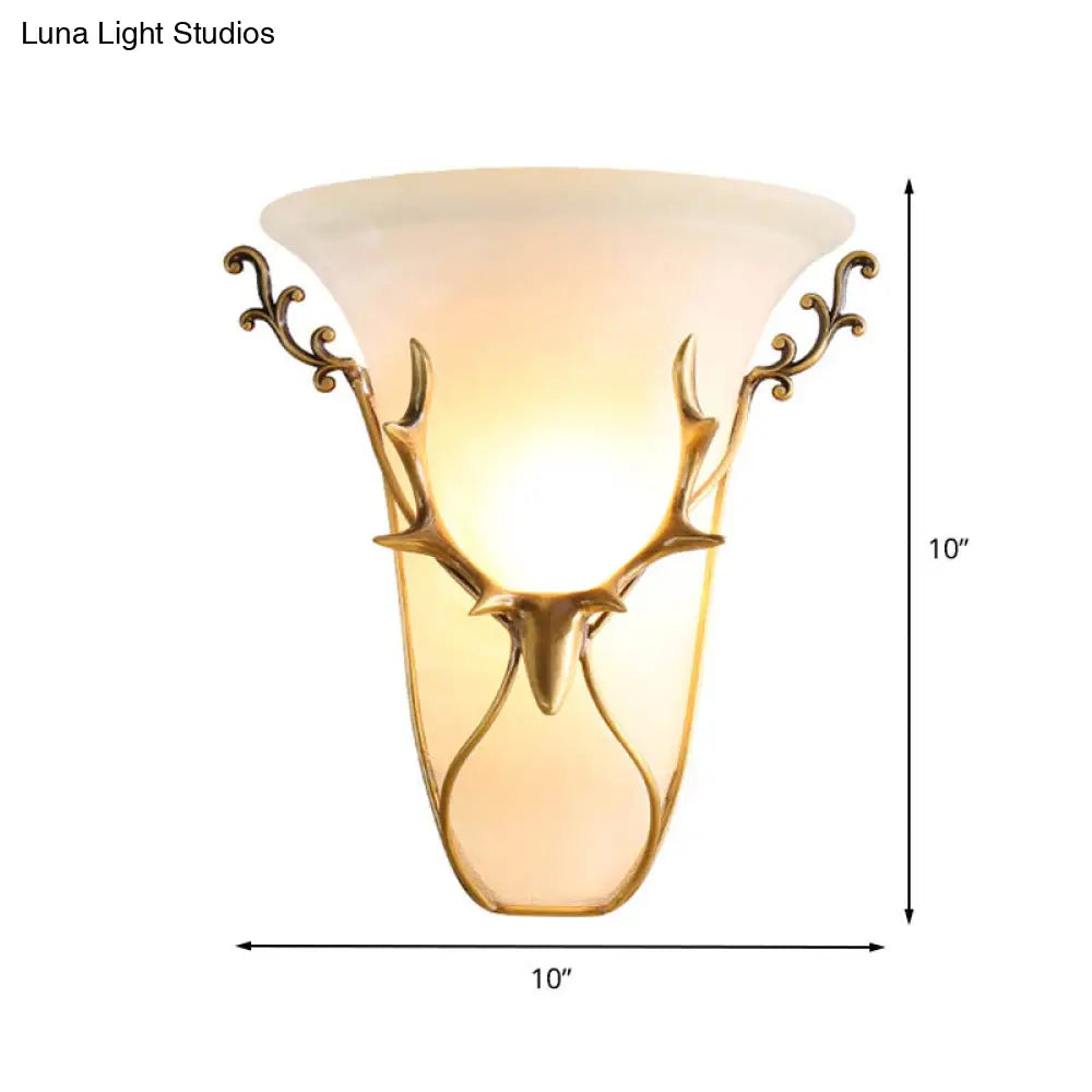 Frosted Glass Wall Mounted Brass Lamp With Elk Head - Traditional Trumpet Mount