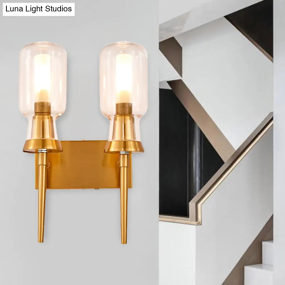 Frosted Glass Wall Sconce With Gold Flush Mount For Stairway - Traditionally Designed Cylinder Light