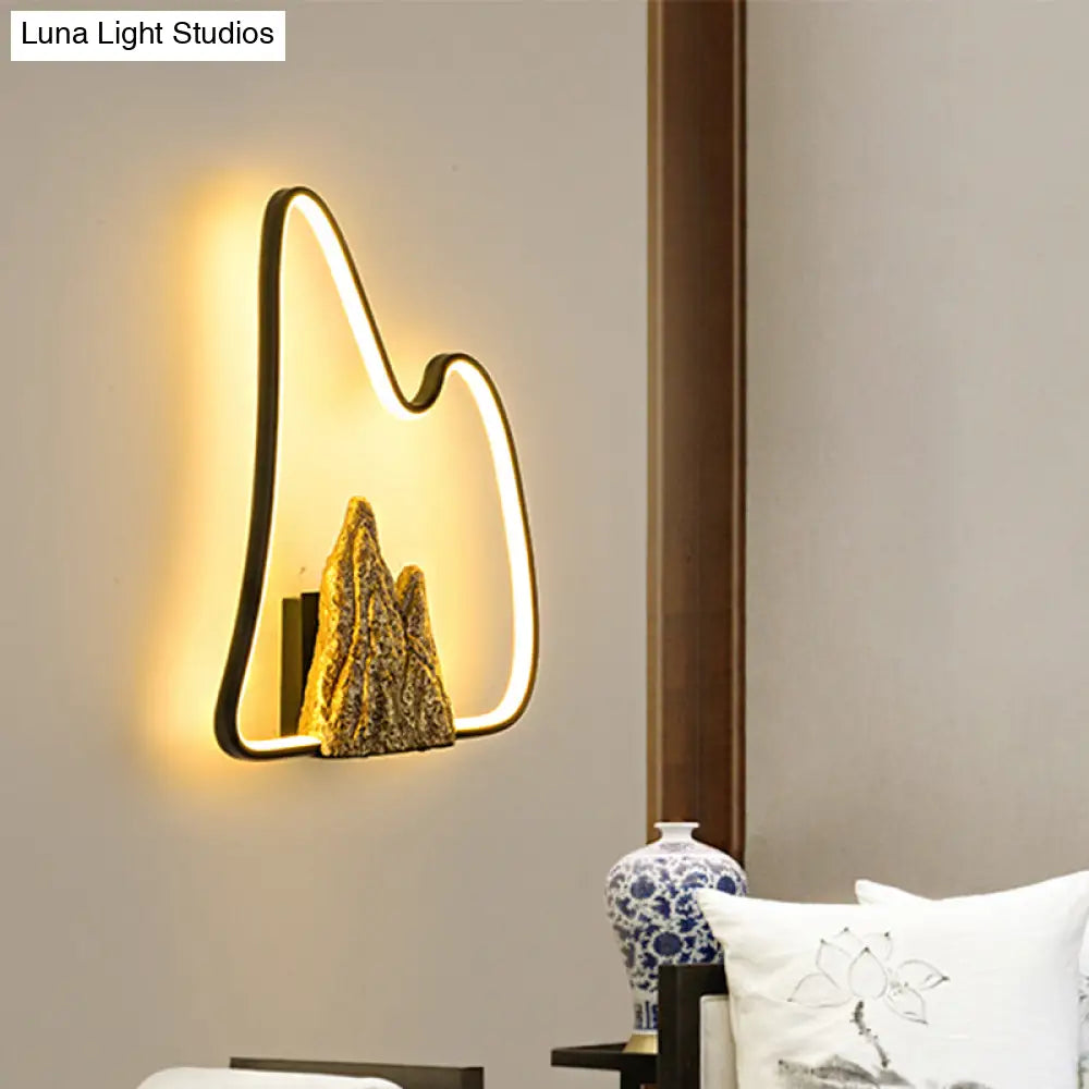 Geometric Ironic Mural Light: Led Oriental Black-Gold Wall Lamp With Mountain Pattern