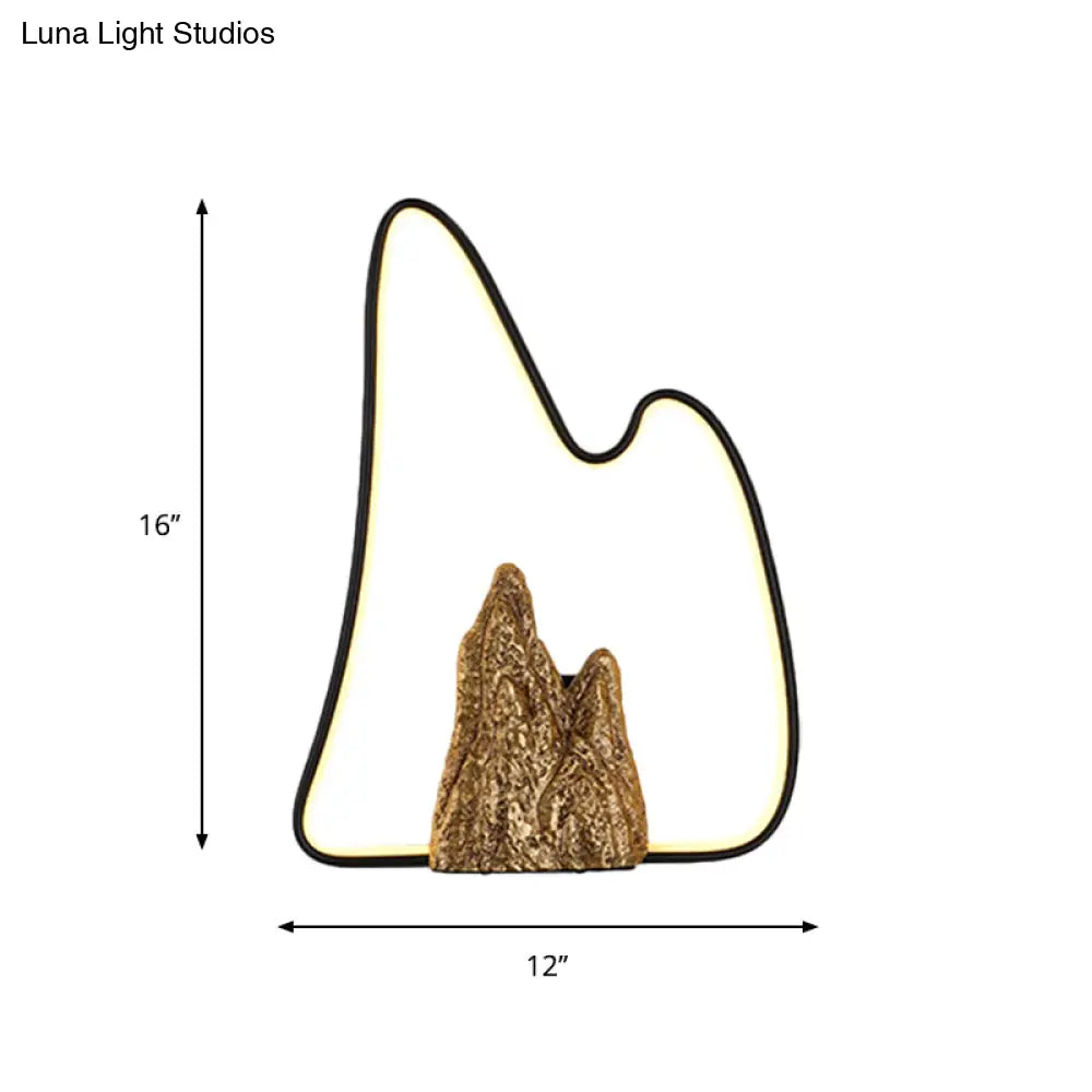 Geometric Ironic Mural Light: Led Oriental Black-Gold Wall Lamp With Mountain Pattern