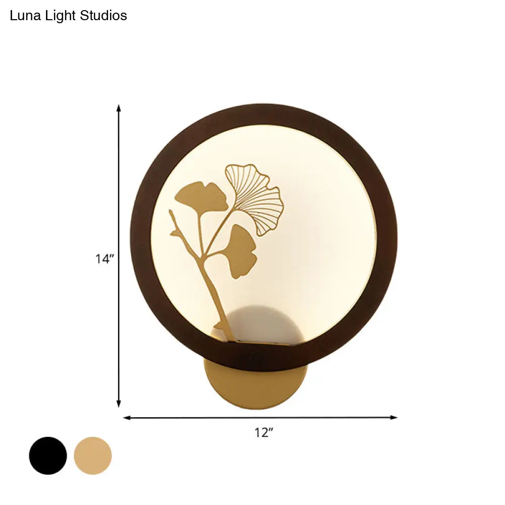 Ginkgo Biloba Led Wall Light In Asian Style - Wood Mural Fixture For Family Rooms Black/Beige