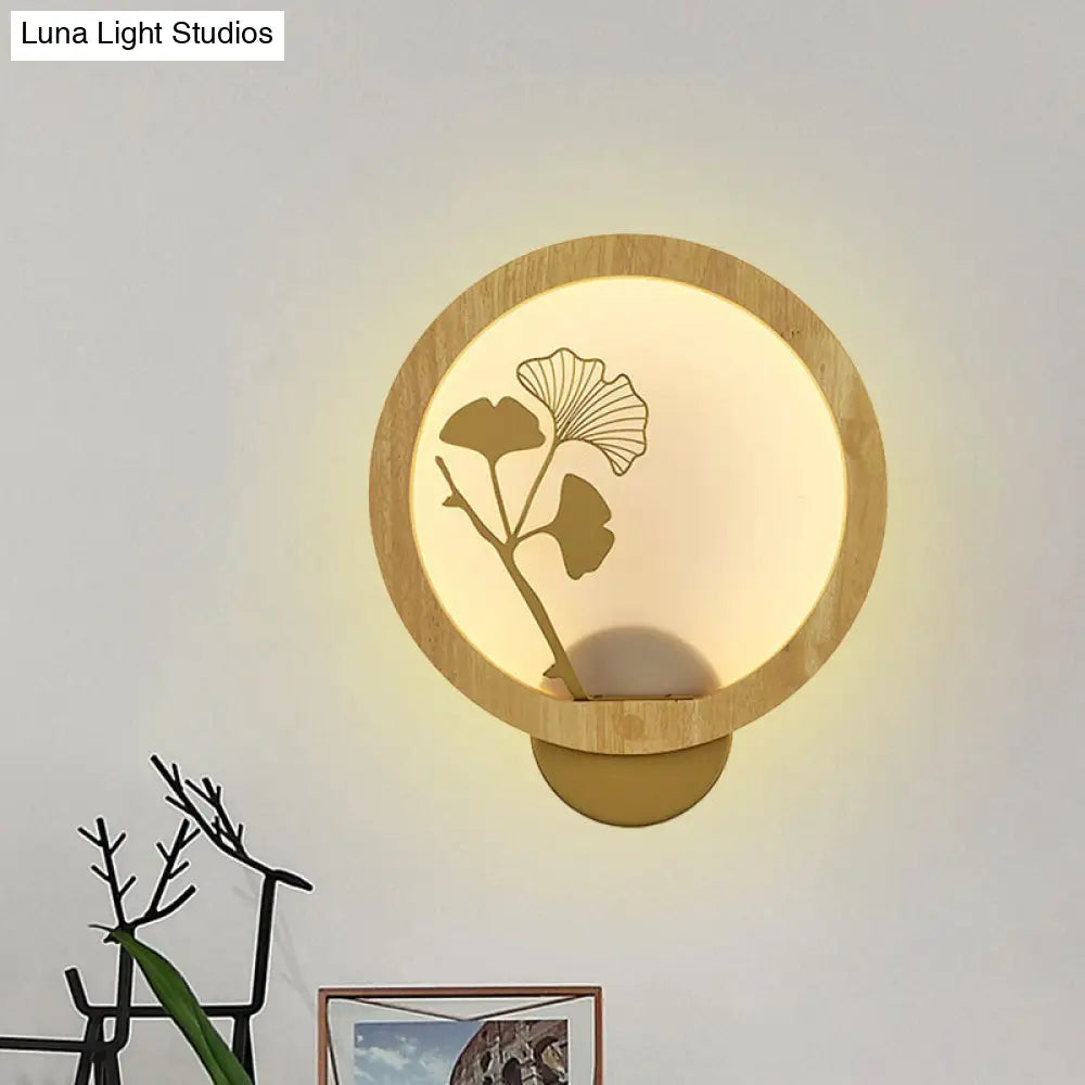 Ginkgo Biloba Led Wall Light In Asian Style - Wood Mural Fixture For Family Rooms Black/Beige