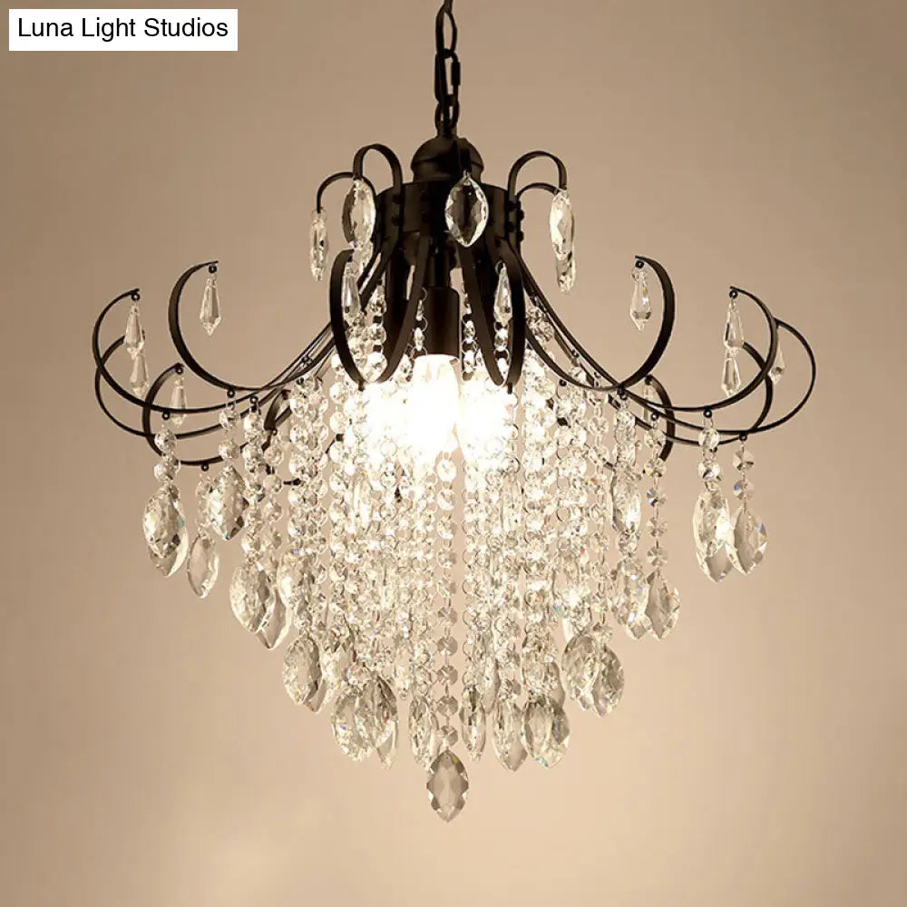 Glam Teardrop Pendant Light With Metal Curved Arm And Cascading Crystal Strands
