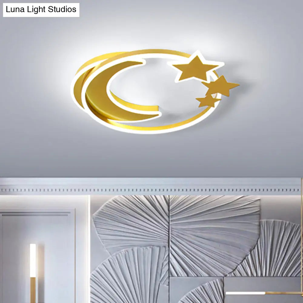 Gold Acrylic Led Flush Mount Ceiling Light With Moon And Star Design For Modern Bedrooms