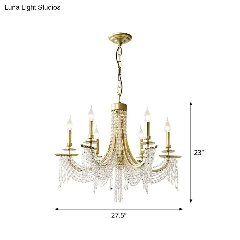 Gold Baroque Candle Chandelier - 6-Bulb Metal Suspension Lighting With Crystal Chain