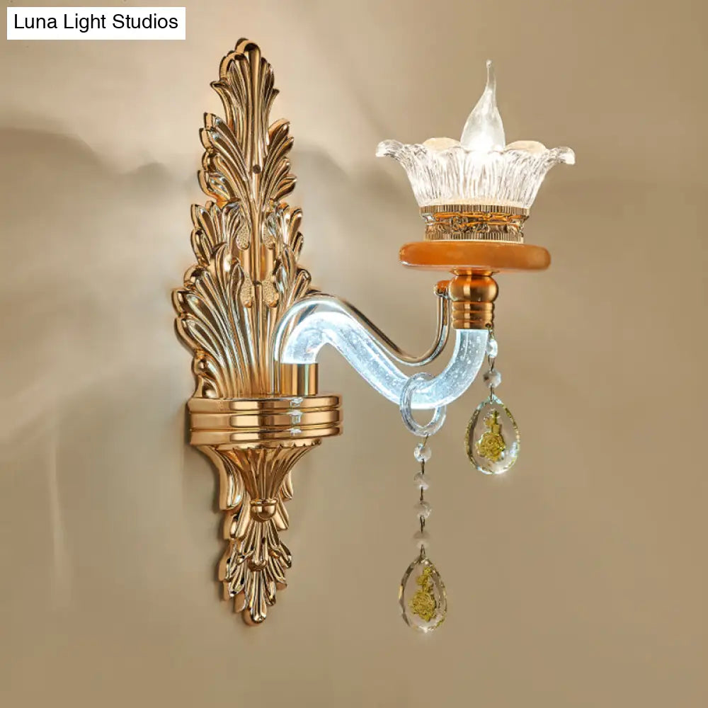 Gold Crystal Wall Sconce Lamp: Traditional Curved Arm Design - Single Bulb Light Fixture