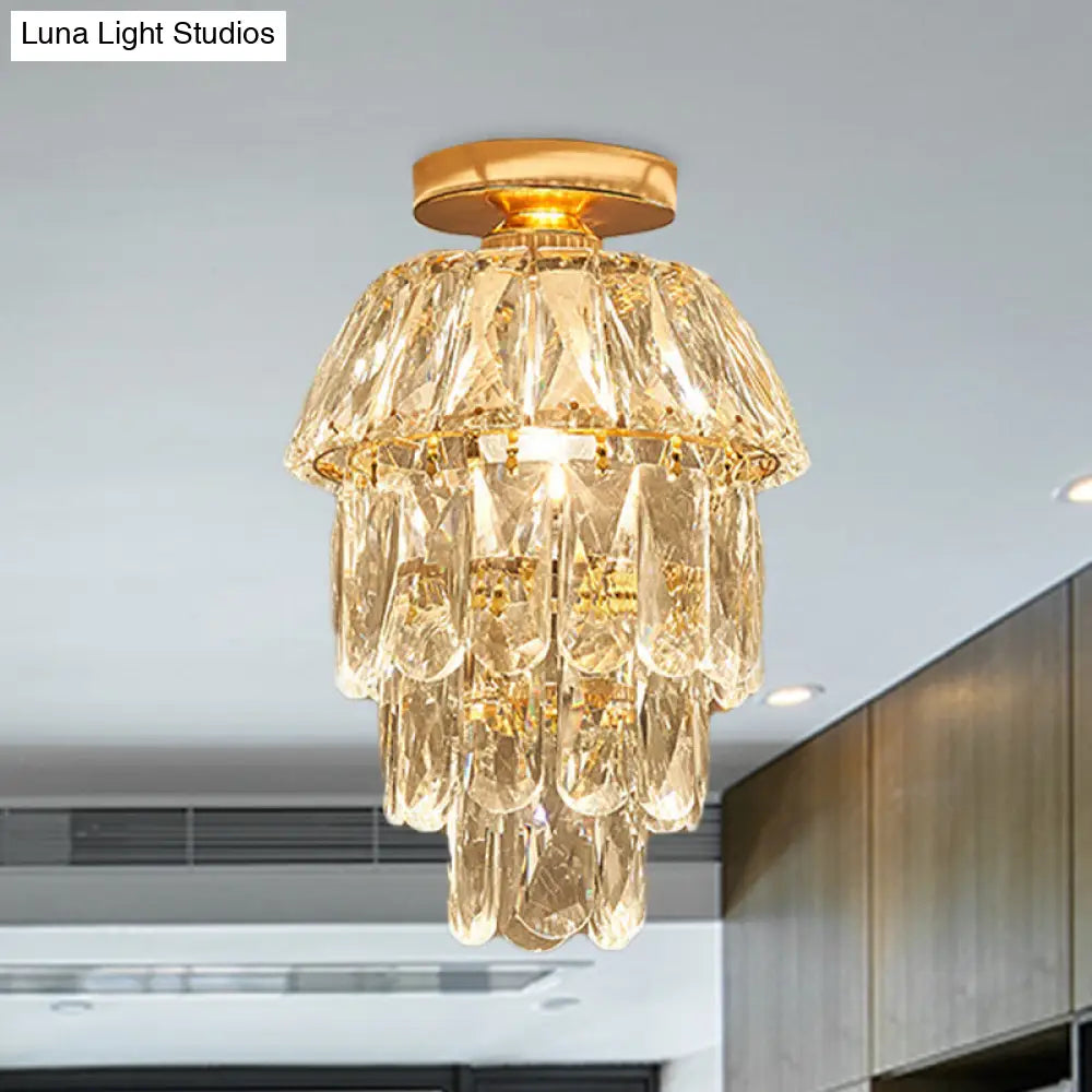 Gold Cylinder Pinecone Foyer Ceiling Lamp - Simple Crystal Design With Semi-Flush Mount 1 Bulb