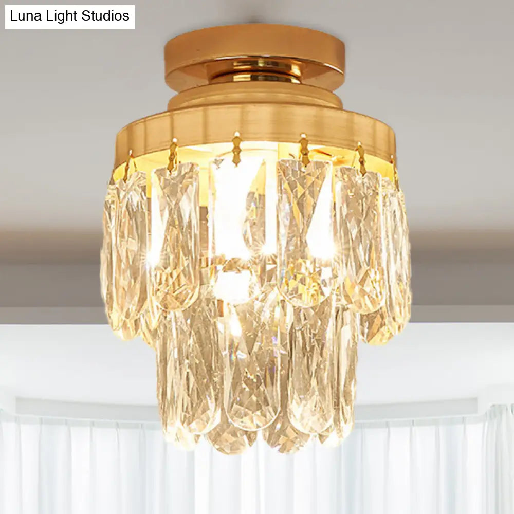 Gold Cylinder Pinecone Foyer Ceiling Lamp - Simple Crystal Design With Semi-Flush Mount 1 Bulb