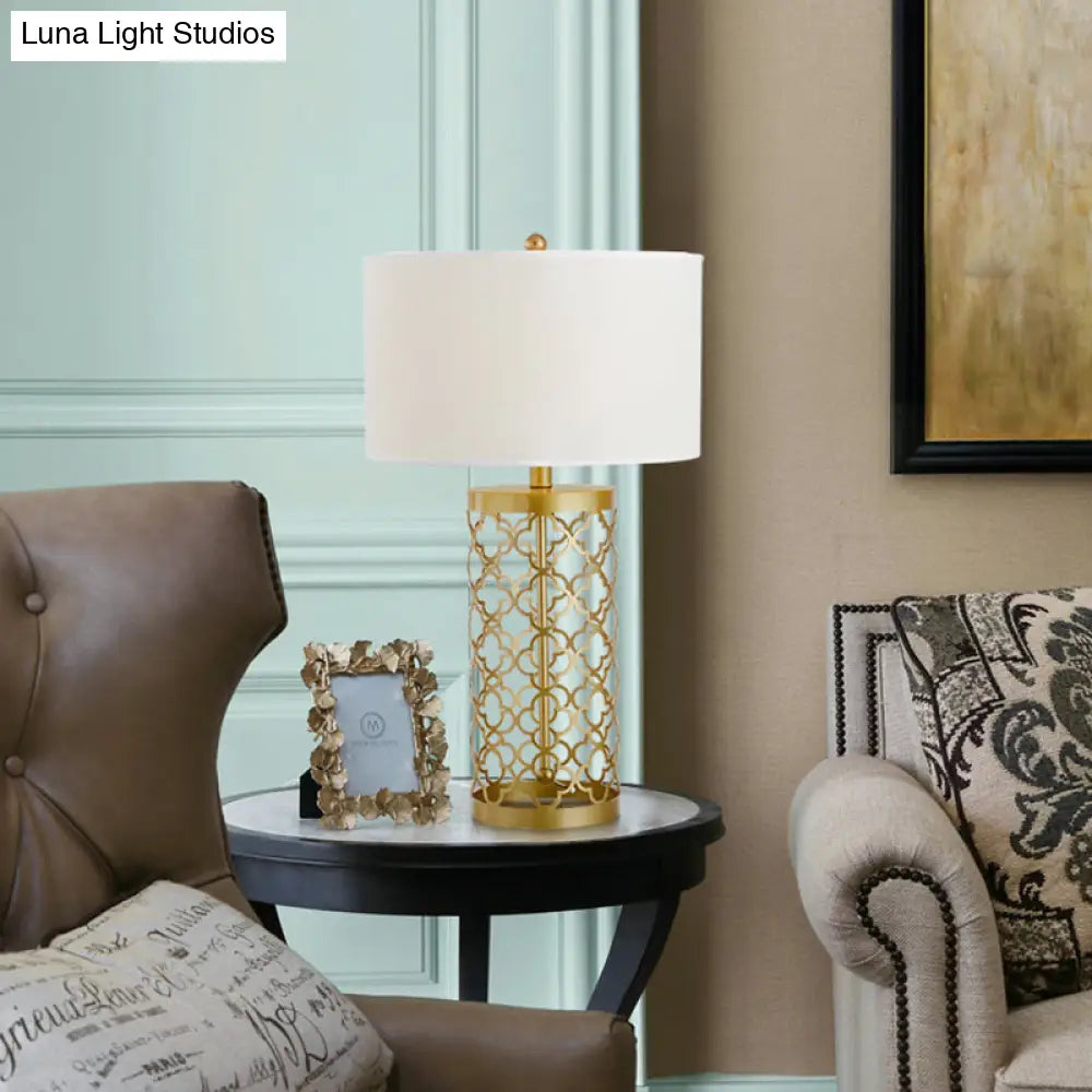 Gold Drum Fabric Task Lighting Bedroom Desk Lamp With Traditional Style And Cylinder Cage