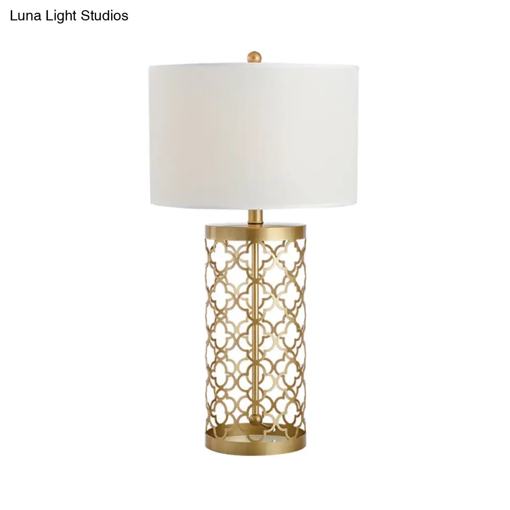 Gold Drum Fabric Task Lighting Bedroom Desk Lamp With Traditional Style And Cylinder Cage