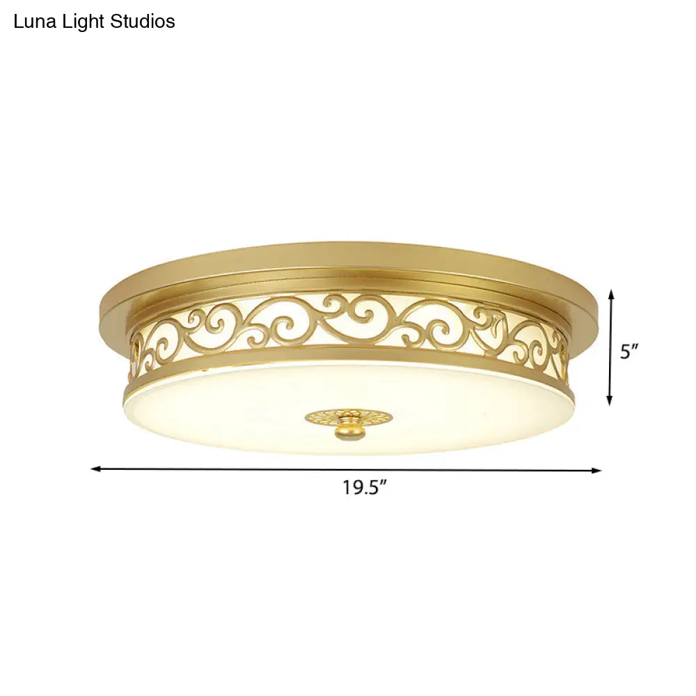 Gold Drum Flush Mount Led Lamp With Classic White Glass - Ideal Living Room Ceiling Light In Or