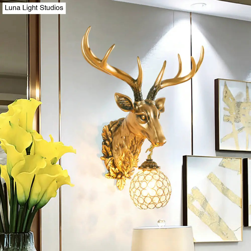 Gold Farmhouse Sconce Light With Faceted Crystal Sphere And Sika Deer Head Design