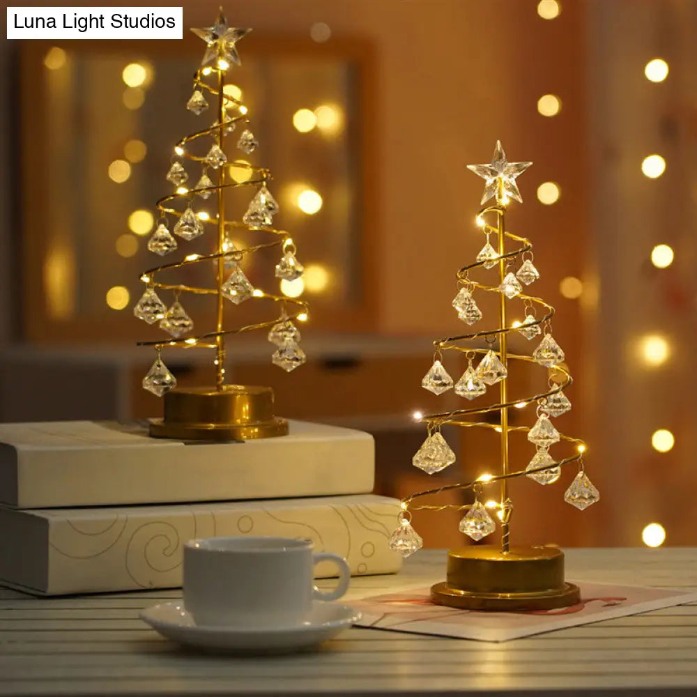 Gold Finish Christmas Tree Led Night Lamp With Acrylic Crystals - Battery Operated Table Light