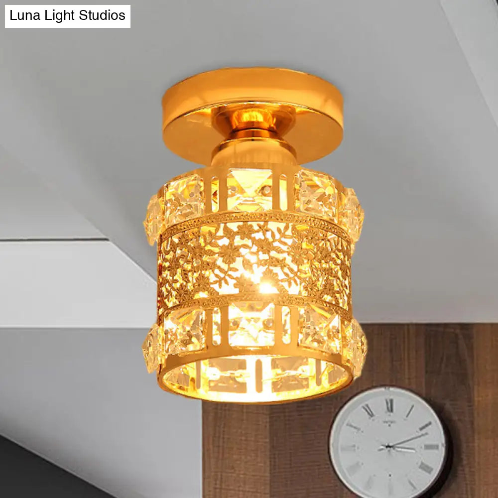 Gold Flush Mount Ceiling Light With Faceted Crystal - Minimalist Cylinder Design Single Bulb