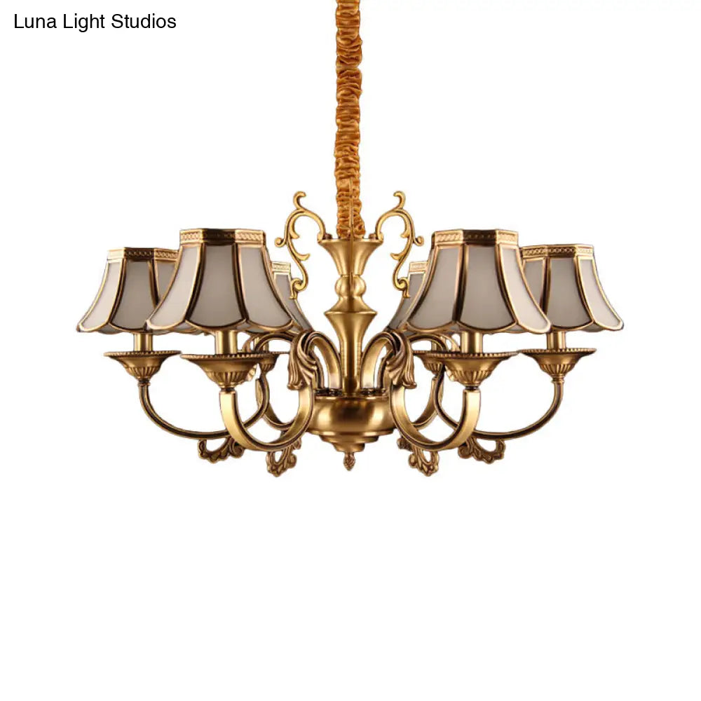 Gold Frosted Glass Pendant Chandelier With Scalloped Design And Colonial Styling - 3/5/6 Bulbs