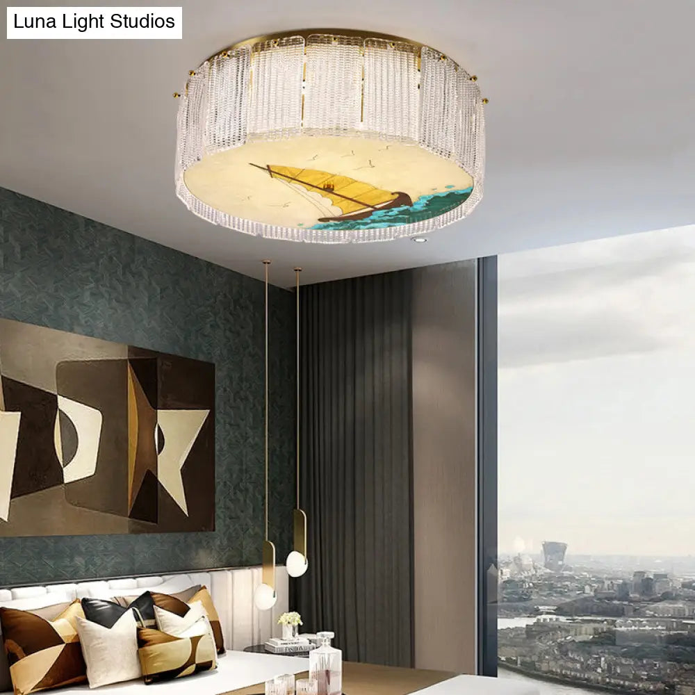 Gold Led Crystal Flush Ceiling Light: Hand - Painted Drum Design Modern Bedroom Fixture