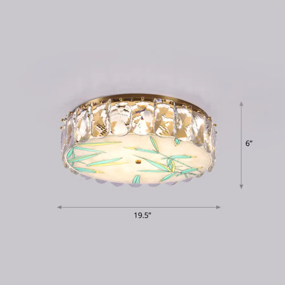 Gold Led Crystal Flush Ceiling Light: Hand - Painted Drum Design Modern Bedroom Fixture / Bamboo